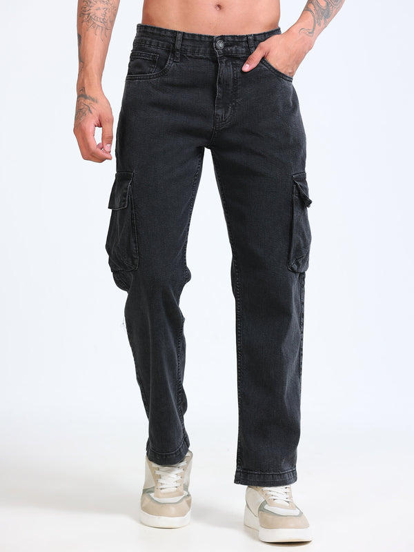 Elephant Black Relaxed Straight Cargo Fit Jeans MMDRS02-104